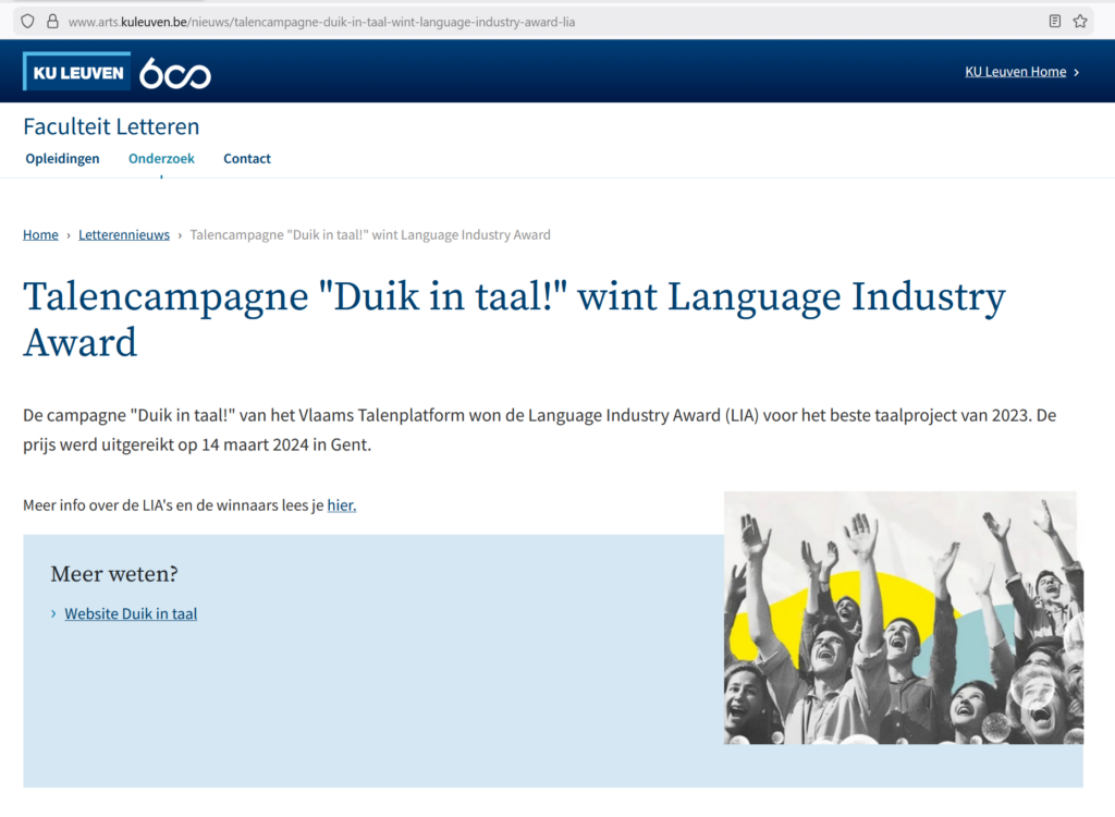 Artikel van KU Leuven over de Lia's: Talencampagne "Duik in taal!" wint Language Industry Award voor beste taalproject.