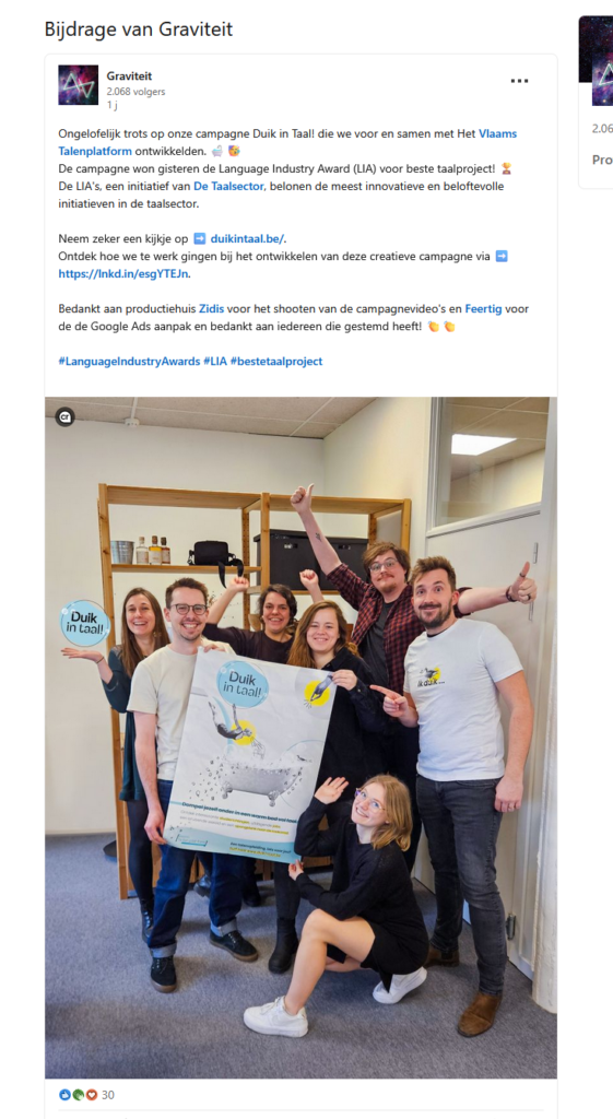 LinkedIN bericht van Graviteit over hun campagne "Duik in taal!" die een Lia gewonnen heeft voor beste Taalproject.